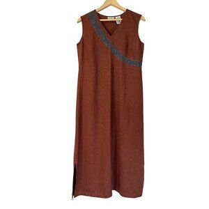White Stag Linen Blend Maxi Dress Size S Chocolate Brown Embroidered‎ Minimalist